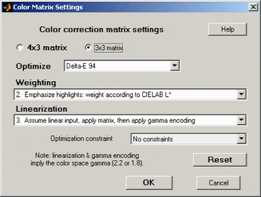 Color matrix settings dialog box