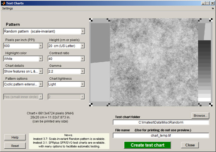 Test chart settings for Random pattern