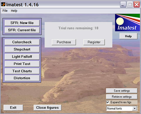 Imatest main window: evaluation mode after one run