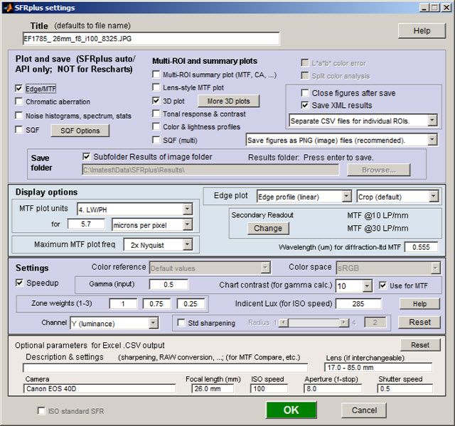 SFRplus settings & options window