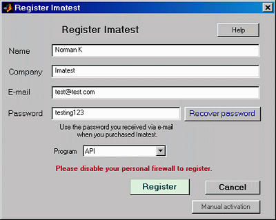 Register Imatest API