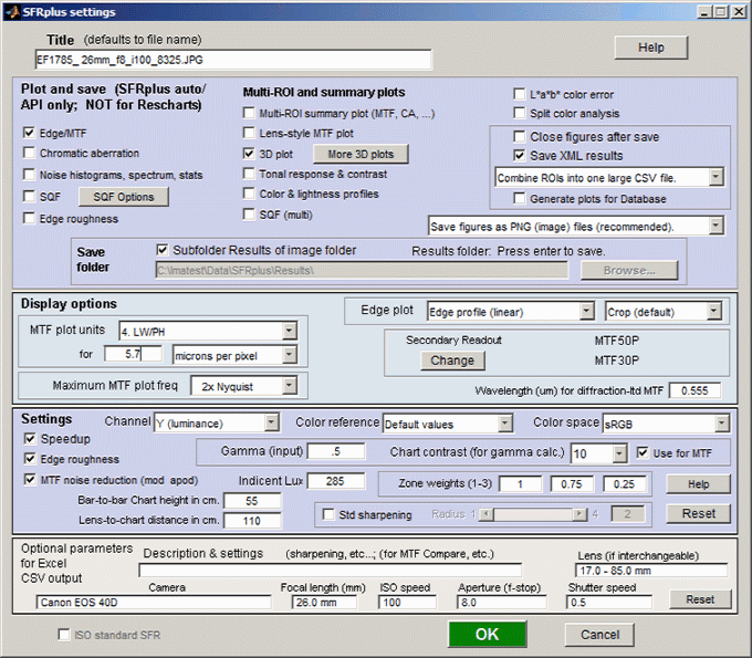 SFRplus settings & options window