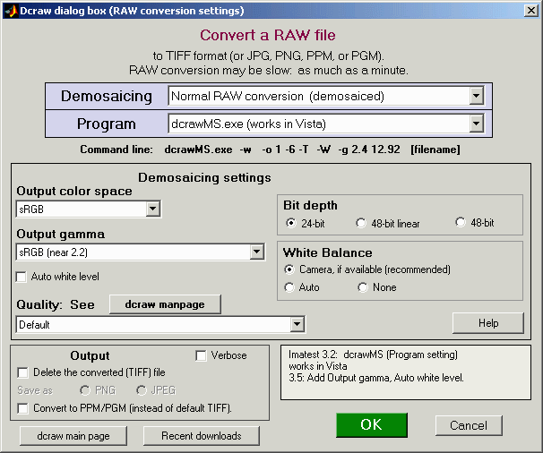 dcraw input dialog box, showing recommended settings for senstivity
