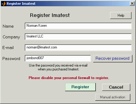 Imatest registration window