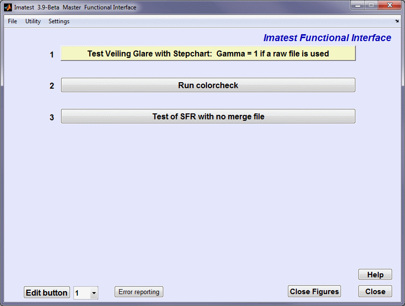 Imatest Functional Interface with three buttons shown