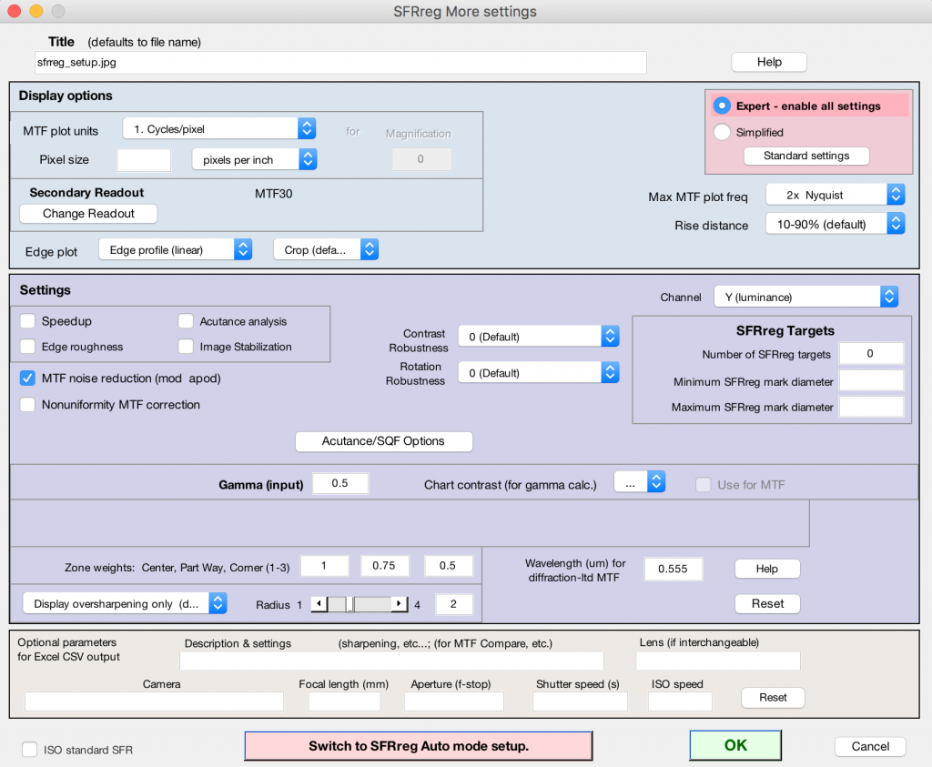 SFRreg More Settings window