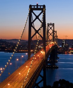 Bay Bridge, San Francisco at dusk. Shot from Yerba Buena Island.