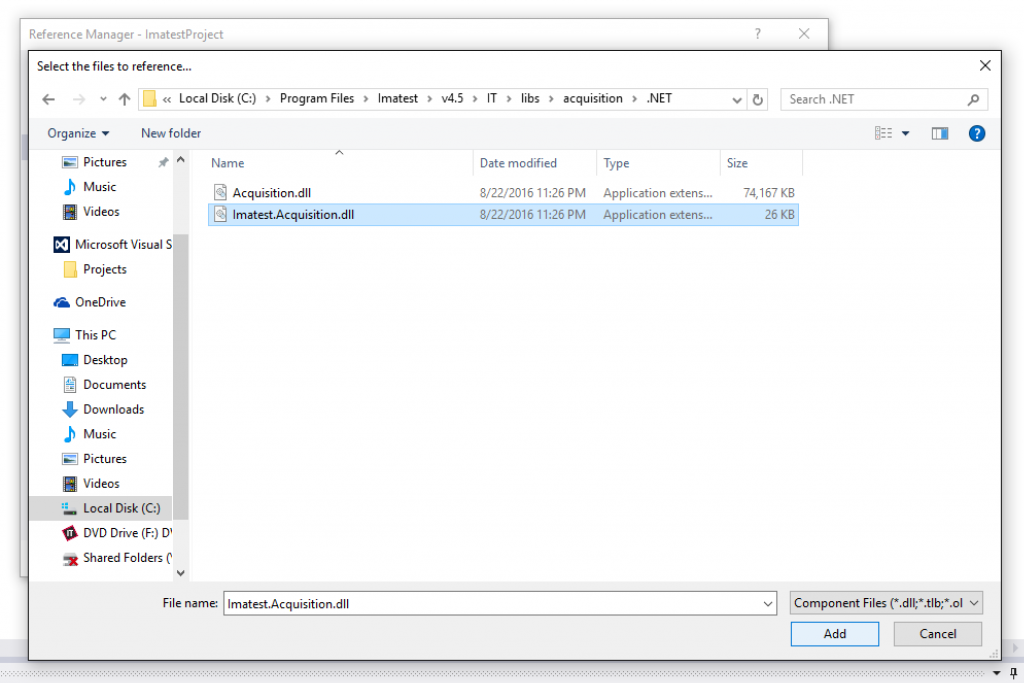 DotNet Acquisition - Reference Manager Browse Imatest.Acquisition.dll