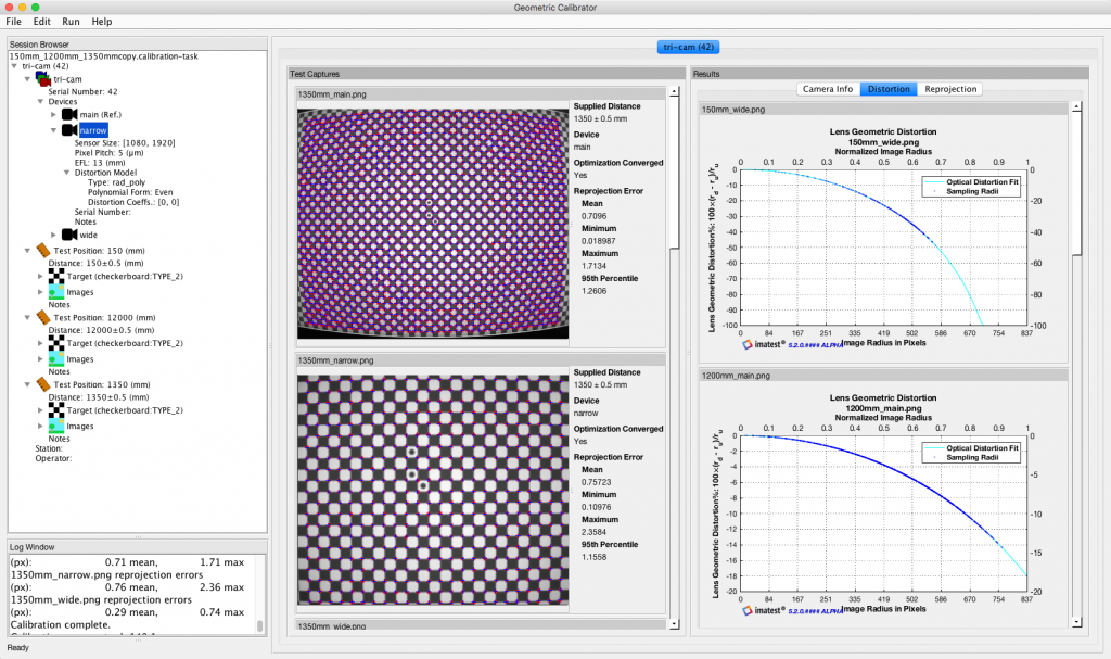 Screenshot of Geometric calibration GUI - Imatest Master and IT provide geometric calibration estimations for both individual and multi-camera systems with narrow and wide-field-of-view camera classes. The software uses a non-linear parameter estimation calibration procedure, acquiring evidence from a planar checkboard chart.