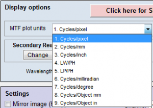Figure 8. Spatial frequency units are selected in the Settings or More settings windows of SFR and Rescharts modules (SFRplus, eSFR ISO, Star, etc.).