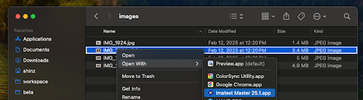 Open with Imatest for a single file on MacOS