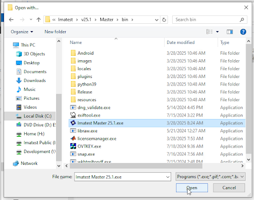 Windows 10 select Imatest Master executable
