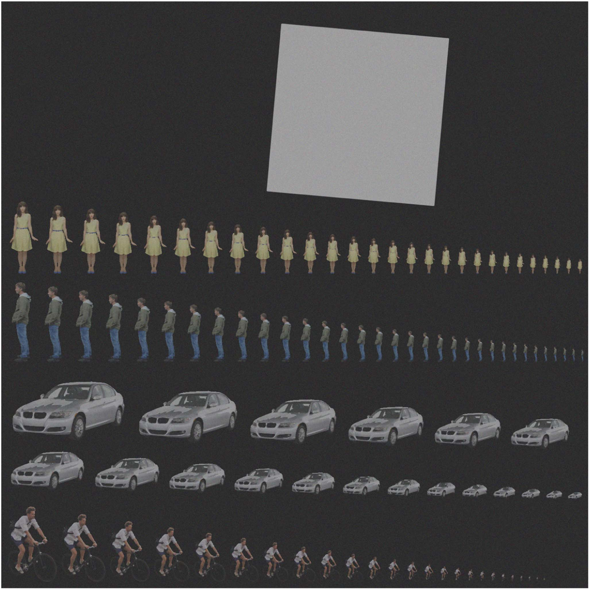 Simulated test chart of people, cars and cyclists at varying sizes with a slanted-edge patch