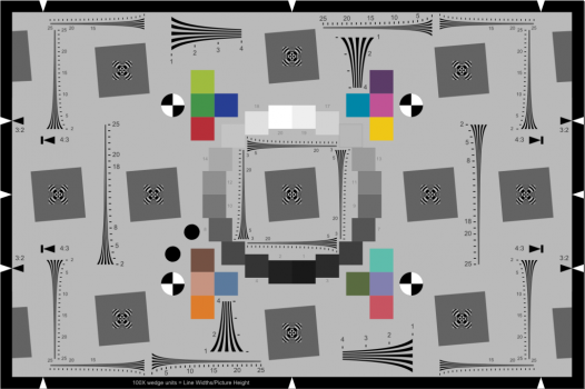 The eSFR ISO test chart, with slanted-edge squares, color patches, a grayscale and wedges.